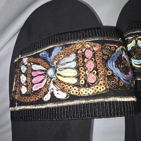 Shein Black Slide Sandals W Embroidered Sequin Design Size Euro 41 - Picture 3 of 7